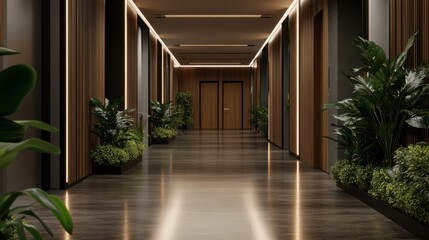 Obraz premium Modern corridor with stylish decor and greenery