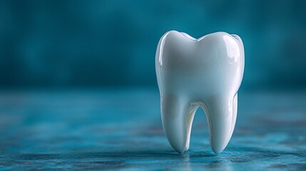 Artistic representation of a pristine white tooth positioned on a cheerful blue backdrop emphasizing dental health and hygiene ideal for dentist day promotions and oral care awareness