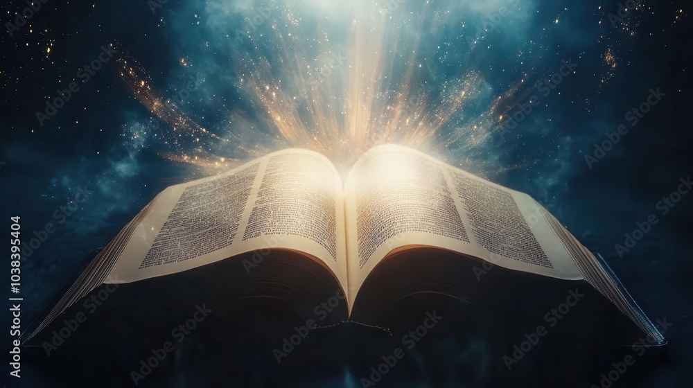 Poster an open book with swirling pages illuminated by rays of light in a dark, enchanting background, symb
