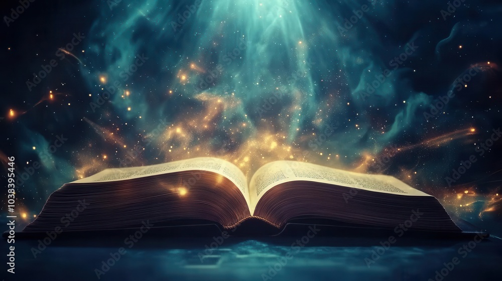 Poster an open book with swirling pages illuminated by rays of light in a dark, enchanting background, symb