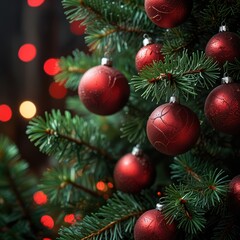 Fototapeta premium Close-up of a Christmas tree with red ornaments and blurred lights in the background.