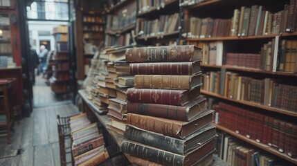 Fototapeta premium A vintage bookshop with old leather-bound books