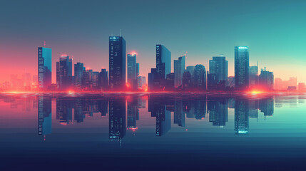 Fototapeta premium Silhouette of a futuristic city on the water, with a skyline reflecting in the calm water below. v3