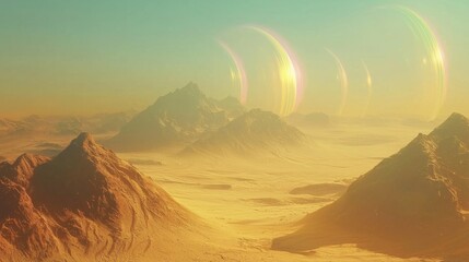 Naklejka premium A desert planet with an otherworldly twist its sand is made of finely ground glass, creating reflective dunes that shimmer under the light of sun