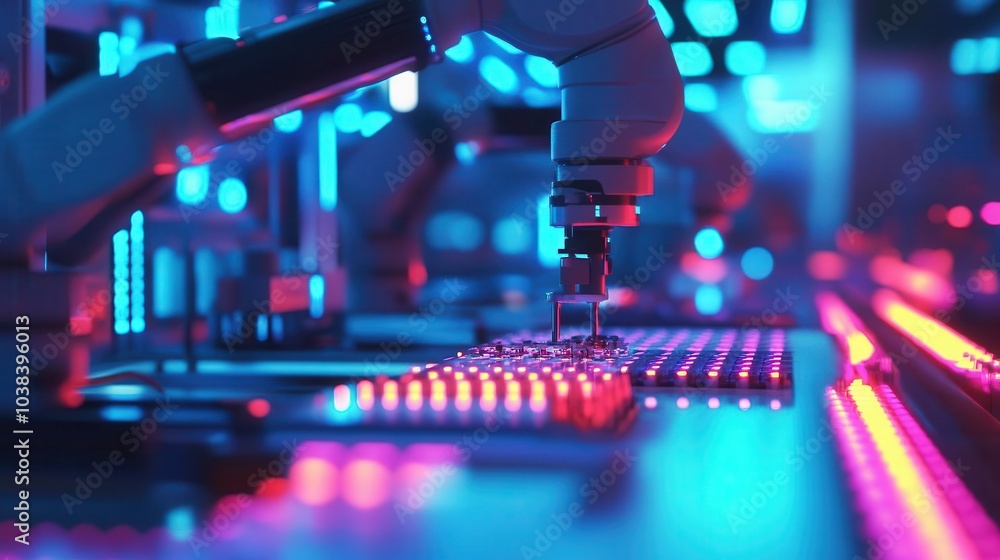Aufkleber automated robotic arms assembling products in a futuristic factory, illuminated by vibrant led light