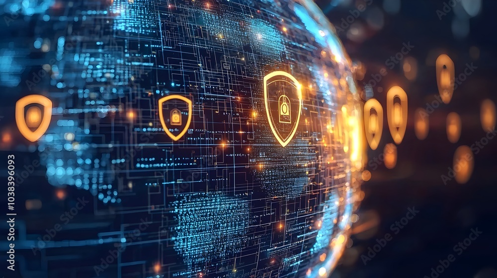 Poster abstract globe covered in glowing privacy shields representing global data protection laws and