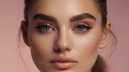 Fototapeta premium Beauty model with perfect skin tone isolated on pink. Perfect makeup, plump lips, cosmetics