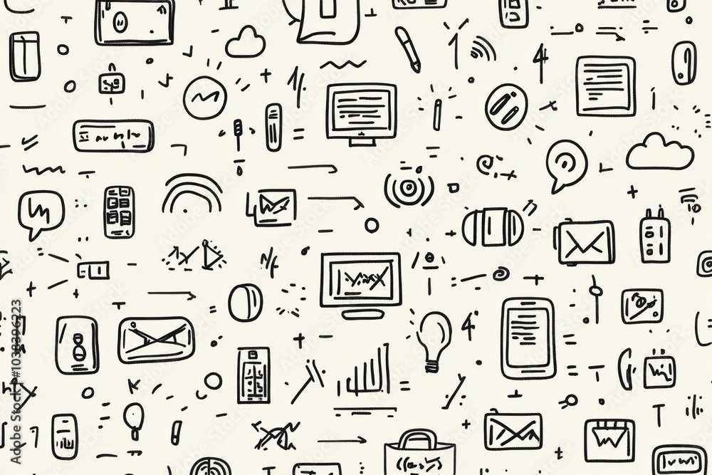 Aufkleber A collection of hand-drawn doodles showcasing technology items like computers, smartphones, coding symbols, and cloud storage icons. Generative AI