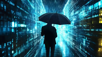 Digital Silhouette Protecting Data Privacy with Glowing Umbrella Amid Cyber Breach