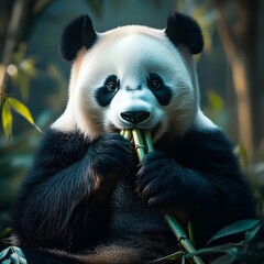Naklejka premium A charming giant panda happily munching on bamboo in a serene forest setting. The panda's black and white fur contrasts beautifully with the lush greenery.