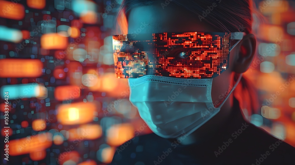 Poster digital mask shielding anonymous online data with glowing privacy layers