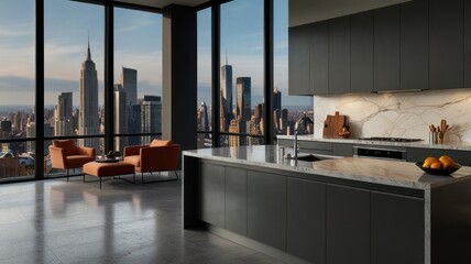 a modern and luxurious kitchen with a grey and dramatic color palette. A stunning panoramic view of the city skyline is visible through floor-to-ceiling windows.