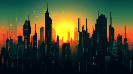 Fototapeta premium A silhouette of a futuristic city at dawn, with the soft glow of sunrise illuminating the tops of massive buildings, contrasted by vibrant neon lights below. v2