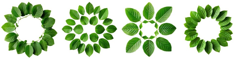 Naklejka premium Leaves arranged in circular patterns on a white isolated background.