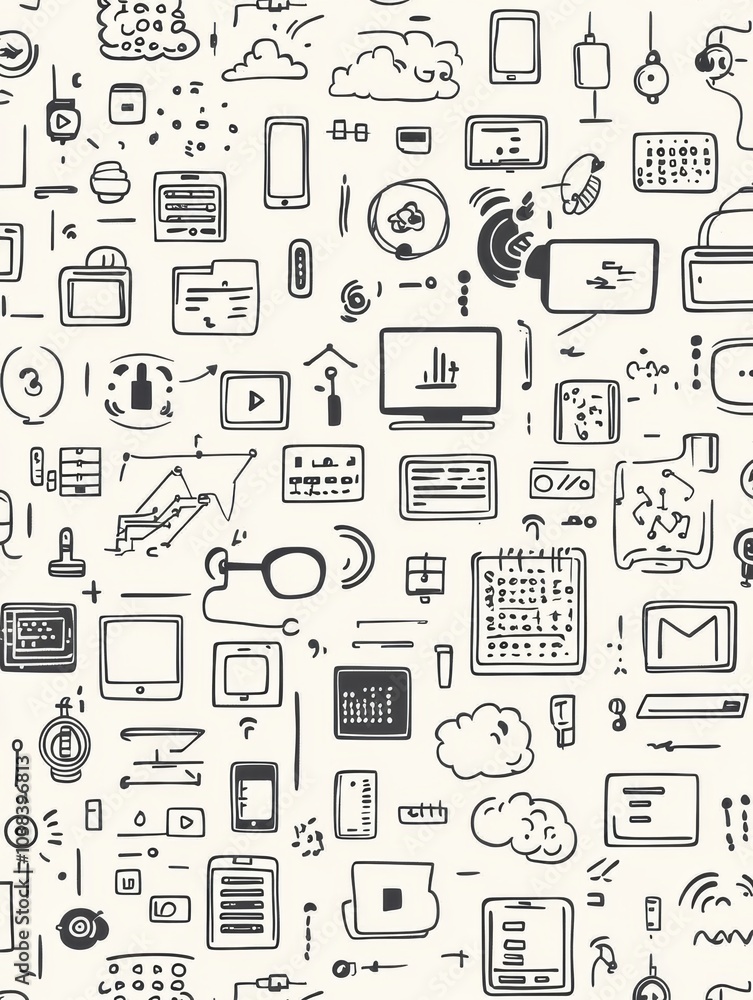 Poster A creative array of hand-drawn doodles illustrating technology items such as coding symbols, computers, and smartphones in black ink. Generative AI