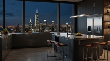 a modern and luxurious kitchen with a grey and dramatic color palette. A stunning panoramic view of the city skyline is visible through floor-to-ceiling windows.