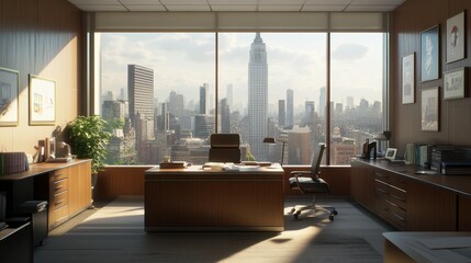 Modern Office with City View Overlooking Skyscrapers