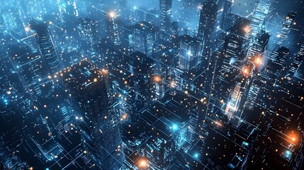 Obraz premium Futuristic Cityscape Made of Glowing Data Streams and Privacy Shields