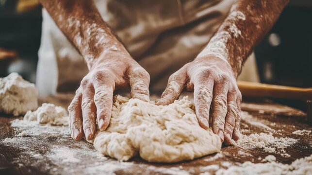 baker's hands skillfully kneading dough on a wooden surface, showcasing the art of bread-making, warm tones and textures conveying the love and craftsmanship of artisan baking