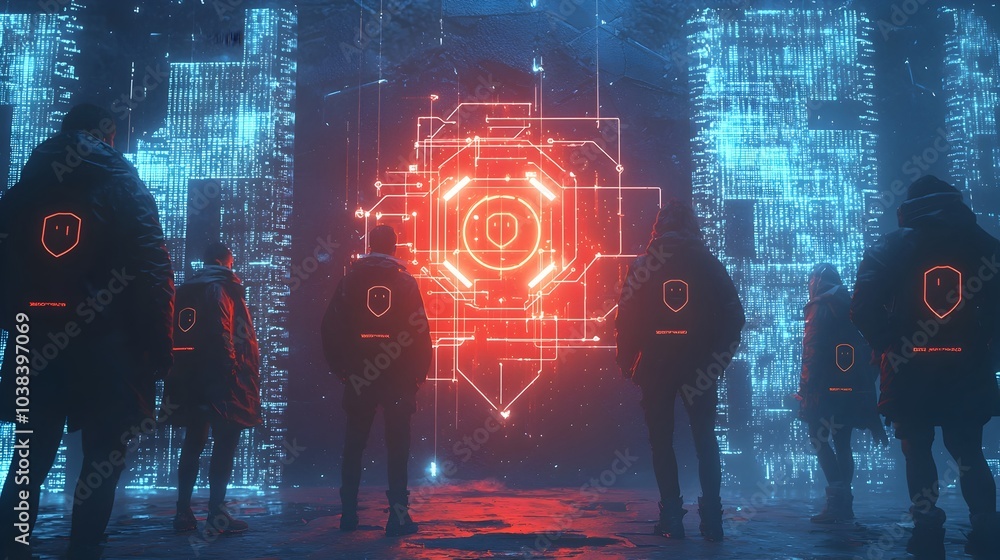 Poster impenetrable digital fortress guarded by hackers and encryption locks