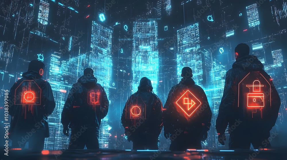 Aufkleber hackers confronting an impenetrable digital fortress with encryption locks