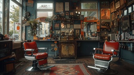 A retro barber shop with vintage chairs and decor