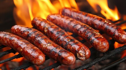 barbecue grill sizzling with spicy merguez sausages, amidst a lively summer party atmosphere filled with flames, roasting meat, and a sense of celebration
