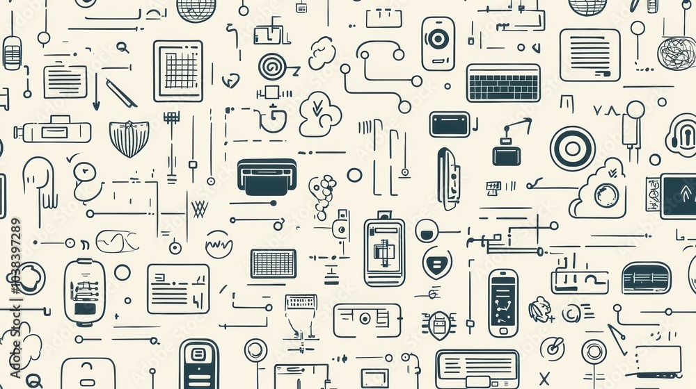 Leinwandbilder creative collection of hand-drawn doodles showcasing technology items like computers, smartphones, c
