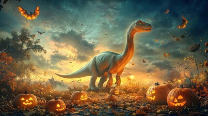 Fototapeta premium Halloween Dinosaurs Dinosaur s surrounded by glowing pumpkins, eerie autumn night, 3D illustration