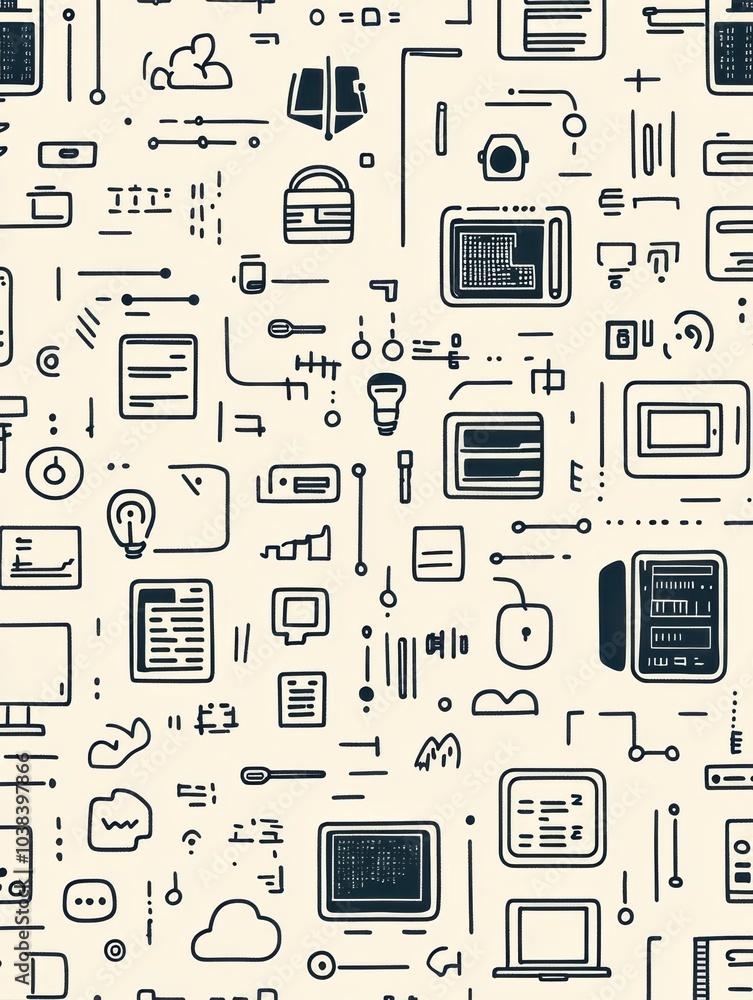 Aufkleber various hand-drawn doodles depict technology items like computers, smartphones, and coding symbols, 