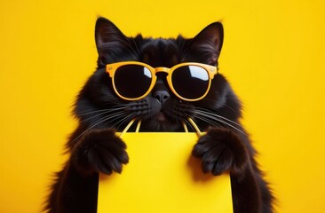 Black cat wearing yellow sunglasses holding yellow shopping bag against bright yellow background. Black Friday shopping and retail concept. Design for banner, poster, header