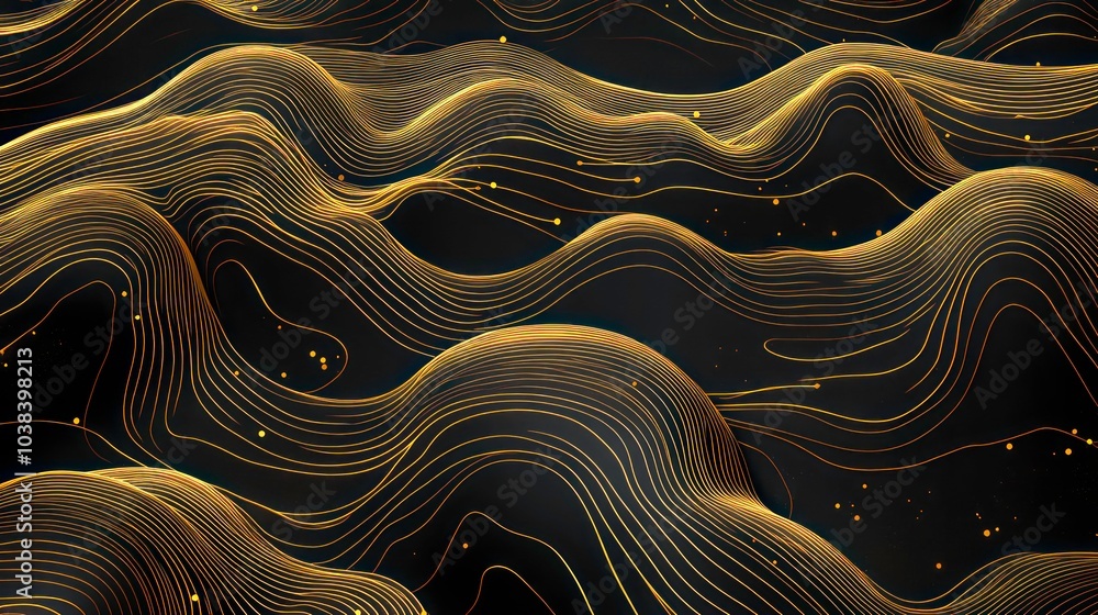 Aufkleber abstract 3d rendering of flowing golden lines on a black background.