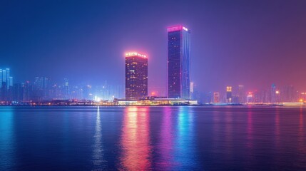 Illuminated City Skyline at Night with Reflections