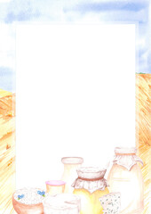 Hand drawn watercolor dairy products postcard isolated on field landscape background. Can be used for postcard, card, scrapbook and other printed products.