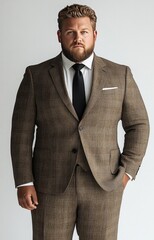 Plus-size male model with tailored beige linen suit