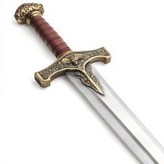 Ornate antique sword with intricate brass hilt and leather grip on white background