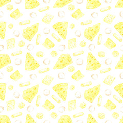 Hand drawn watercolor piece slice cube of cheese seamless pattern isolated on white background. Can be used for textile, fabric, scrapbook and other printed products.