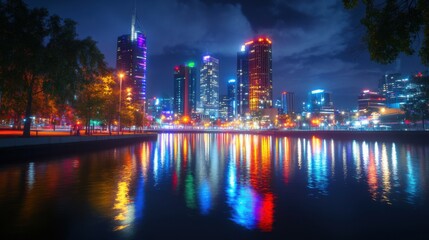 Obraz premium Illuminated Night Cityscape with Skyscrapers and Reflection