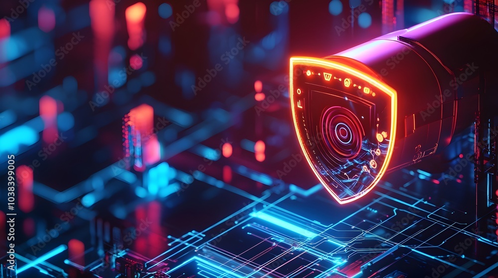 Poster glowing security with privacy shield representing data protection