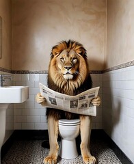 Lion sit on the toilet, leo sitting on the potty, restroom humor, black and white