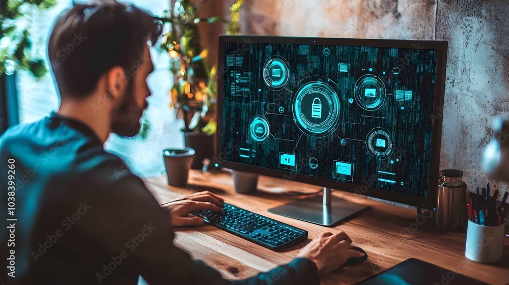 Poster digital security shields protect sensitive data in office workspace