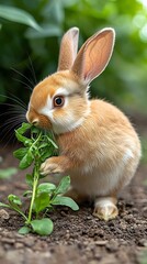 Fototapeta premium Cute Rabbit Enjoying Fresh Greens in Backyard Setting