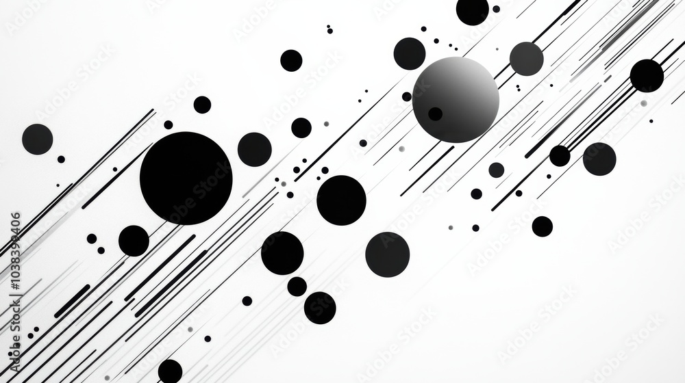 Poster Large and small circles are artistically positioned across a diagonal grid, enhancing the abstract geometric composition in monochrome. Generative AI