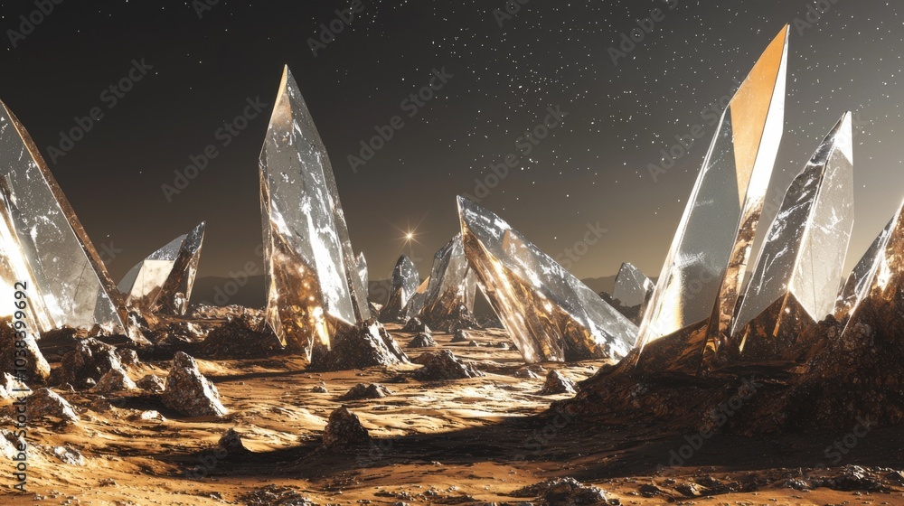 Wall mural a planet with a surface made entirely of gleaming metal, with sharp, angular formations that reflect