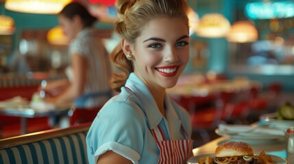 A classic diner waitress in a vintage uniform serving food