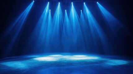 bold blue spotlights illuminating an empty stage floor in a dark room, dramatic lighting effects creating a sense of anticipation and excitement, suitable for performance or artistic showcases