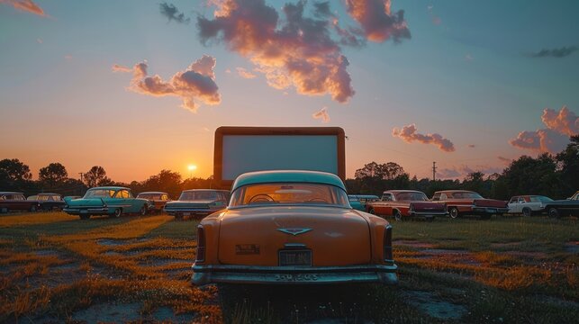 Fototapeta A classic drive-in movie theater with vintage cars and a big scree