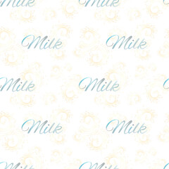 Hand drawn watercolor milk splashes with sign milk seamless pattern isolated on white background. Can be used for textile, fabric, scrapbook and other printed products.