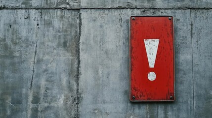 bold red sign with an exclamation mark against a textured gray wall, delivering a strong message with a minimalist aesthetic, highlighting alertness and attention