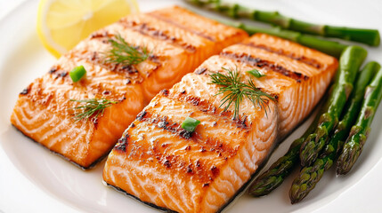 A plate of grilled salmon and asparagus